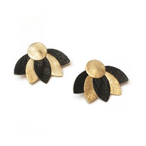 Large Lotus Flowers Stud Earrings - gold and black leather