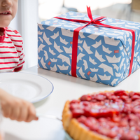 Blue wrapping paper with paper boats and stripes - light blue wrapping paper with paper boat pattern, ideal for children's birthday, baptism, birth.