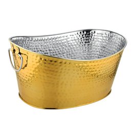  A hammered, gold-colored metal champagne cooler with a sleek, oval shape and handles on the sides. The cooler appears to be designed to hold multiple bottles of champagne or other beverages.