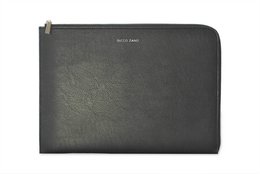 Black leather laptop folio case with zipper closure and brand logo.