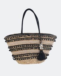  Striped straw tote bag with black trim and tassel detail, woven natural material, large shoulder handbag