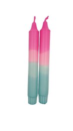  Tall gradient dinner candles, pink to teal ombre, modern cylindrical shape, vibrant color-blocked design.