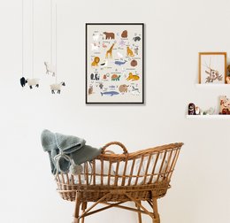 Colorful educational animal alphabet poster featuring various wildlife illustrations. Suitable for wall decor in a nursery or child's room.