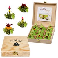 Creano Teelini theebloemen in bekerformaat, cadeauset in een theedoos, 12 bloeiende tealini in 4 varianten, groene thee