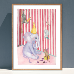 A whimsical illustration of a gray elephant wearing a party hat, surrounded by smaller animals against a striped background. The image suggests a playful, childlike scene suitable for a kids' room poster.