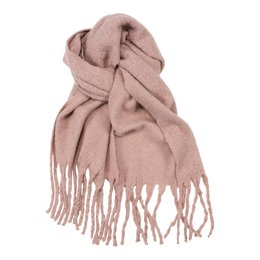 A soft, pink scarf with a simple, solid color design and long, fringed edges. The scarf is made of a warm, cozy material and would be a stylish accessory for any outfit.