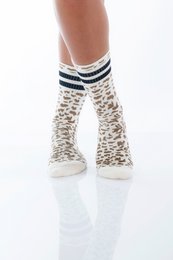 Leopard print socks with black and white striped cuffs. Made of soft, comfortable material.