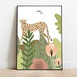 A colorful poster featuring a leopard in a lush, tropical-inspired setting with vibrant foliage and flowers. The poster is suitable for a kids' room or nursery decor.