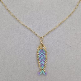 Miyuki beaded fish pendant, turquoise purple colors, gold chain, delicate beadwork jewelry