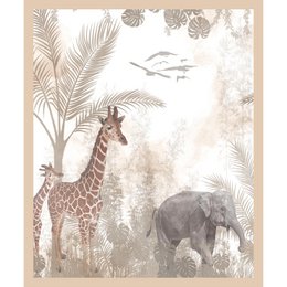  Tropical jungle-themed wall art featuring a giraffe and elephant in a neutral color palette. Suitable for a kids' room or nursery decor.