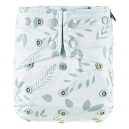 Botanical print pocket diaper with soft, absorbent fabric and adjustable snaps for a comfortable fit.