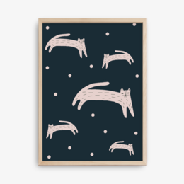  A poster featuring whimsical cat silhouettes against a dark background with white stars. The cats are depicted in a playful, stylized manner, creating a charming and decorative design suitable for a child's room or nursery.
