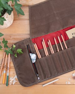 Waxed canvas pencil roll for artists, Fabric roll up pen holder with pockets, Art craft store