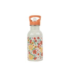 A single-walled water bottle with a floral pattern, designed for kids. The bottle is made of glass and has a wooden cap, with a capacity of 500 ml.