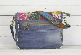 Bolso de hombro sostenible de mujer Sunsa. Bolso de hombro hecho de tela de jeans y sari reciclados (lienzo). Bolso estilo retro vintage. Bolso bandolera para mujer.