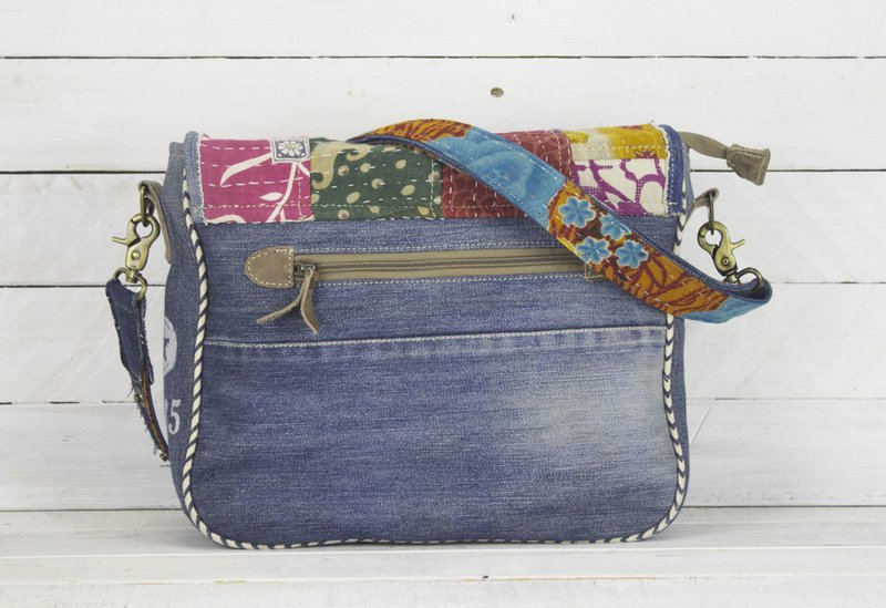 Bolso de hombro sostenible de mujer Sunsa. Bolso de hombro hecho de tela de jeans y sari reciclados (lienzo). Bolso estilo retro vintage. Bolso bandolera para mujer.