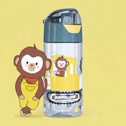 Lightweight children's water bottle with excavator and monkey design, suitable for travel.