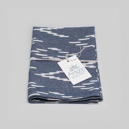 Tea towel, handwoven ikat, ecru v-pattern on navy blue
