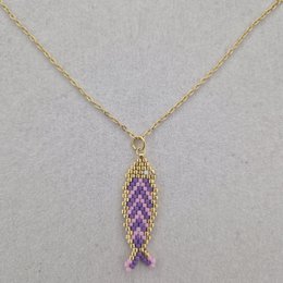 Purple pink Miyuki beaded fish pendant necklace, gold chain, delicate beadwork jewelry