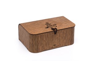 Krea-Wood handgemaakte theedoos, gemaakt van eikenhout met een theekopmotief, in bruine kleur