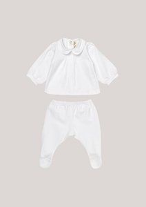 Zweiteiler aus Baumwolle mit Rüschenärmeln – klassisches Weiß mit plissiertem Ausschnitt