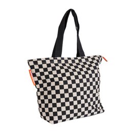  A black and white checkered tote bag with a zipper closure and a black strap. The bag appears to be made of a durable, water-resistant material and has a simple, stylish design.