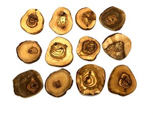 Set van 12 onderzetters RUSTIEK ROND ca. Ã˜ 10 tot 12 cm gemaakt van olijfhout