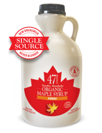 Organic maple syrup, amber color, rich flavor, 1000ml bottle, Canada Grade A.