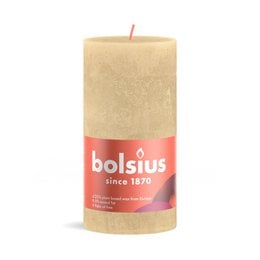 Beige pillar candle with a rustic design from Bolsius. The candle is 100mm tall and 50mm wide.