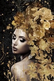 Woman profile with golden yellow flowers, black and gold artistic painting, elegant portrait art