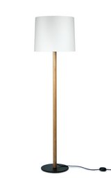 Tall, cylindrical white lamp with a wooden base and stem. Provides ambient lighting for a living room or bedroom.