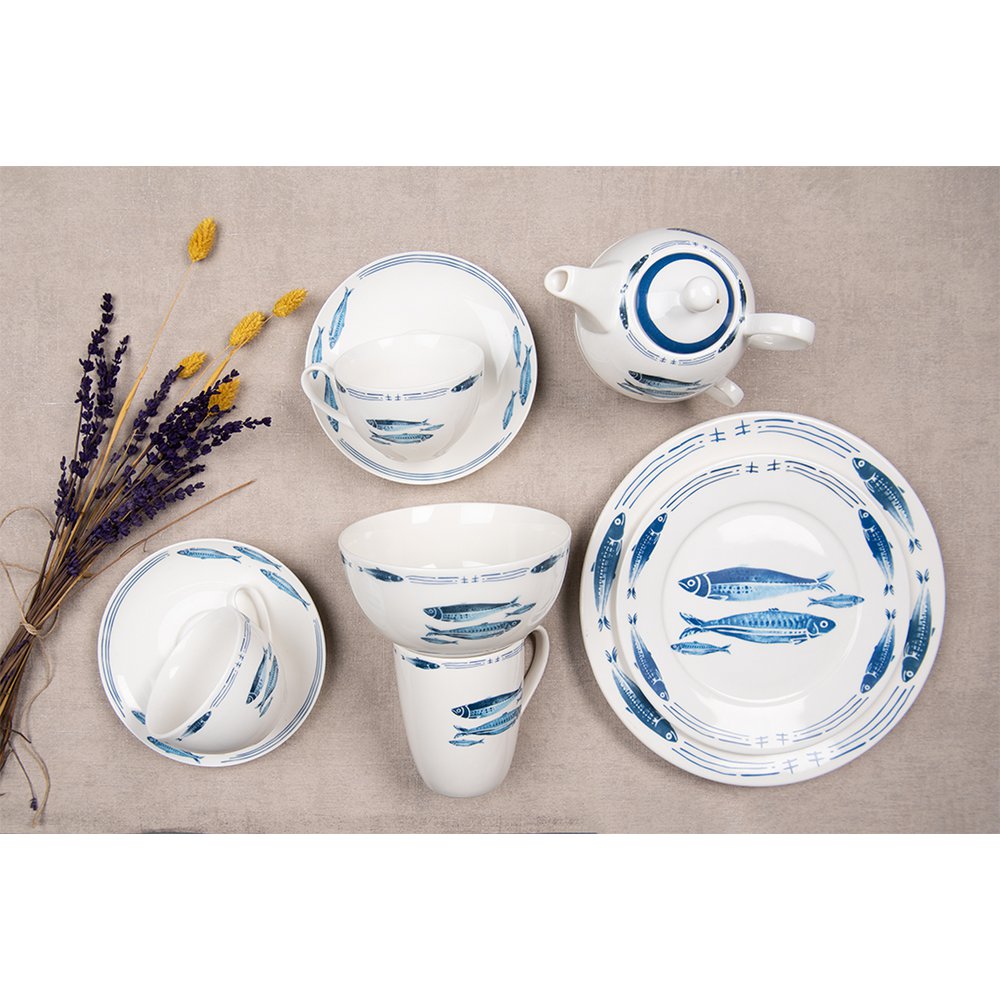 Tea for One 400 ml Wit Blauw Porselein Vissen Theepot set