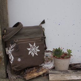 Domelo traditional bag. Women's shoulder bag. Dirndl shoulder bag made of canvas and leather. Handbag in traditional style with deer edelweiss print. Crossbody bag for women as Oktoberfest accessories.