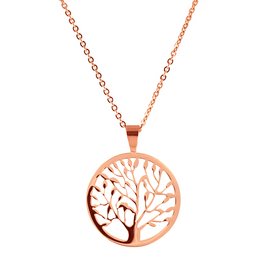 Rose gold ion plated necklace with a tree of life coin pendant. The pendant features a delicate, intricate tree of life design in a circular frame.