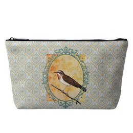 A rectangular toiletry bag in a light green and yellow color scheme, featuring a decorative frame around an illustration of a bird. The bag measures approximately 26 x 6 x 16 cm.
