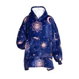 Vitapur Hoodie Blanket + Socks - Carrol Blue, a cozy and stylish throw featuring a celestial-inspired print with moons, stars, and suns in shades of navy and white.