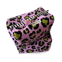 A small, handmade cosmetic bag made of polyester or cotton fabric with a vibrant leopard print pattern in shades of pink, purple, and green. The bag features a zipper closure and a tassel accent.