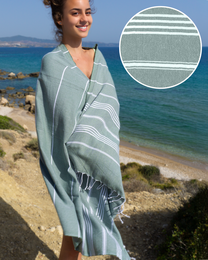  Khaki-colored classic Turkish hammam towel with striped pattern, suitable for beach, sauna, or spa use.
