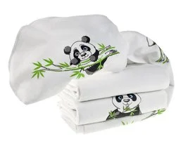 White flannel swaddle blankets with panda bear print, 100% cotton, Oeko-Tex tested, set of 3 pieces, 80x80cm size.