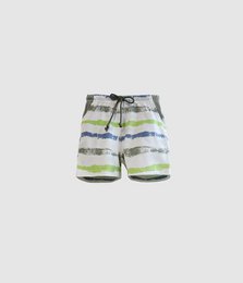  Colorful striped shorts for kids, red and green horizontal stripes, drawstring waist, casual summer wear.