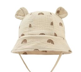 Beige sun hat for baby with rainbow pattern, made of soft, hydrophilic material.
