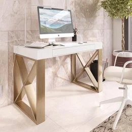 A modern, minimalist desk with a sleek, rectangular shape. The desk is available in three color variants: silver, bronze, and the standard PR48 model. The desk features a clean, uncluttered design with ample storage space for office supplies and accessories.
