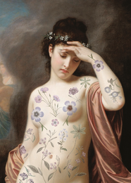 Floral postcard with delicate embroidered design and soft pink background.