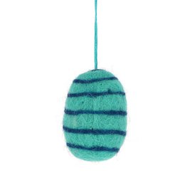 Felt pendant ornament in a striped green and blue design, suitable for Easter decoration.