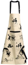 Beige apron with black cat silhouette prints, suitable for kitchen use. Features a practical design with adjustable neck strap and waist ties.