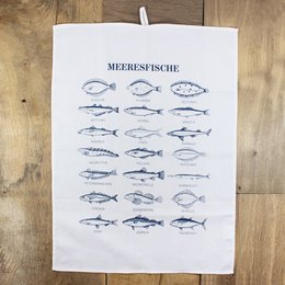 This tea towel features a collection of various sea fish illustrations in a navy blue color. The design has a minimalist and educational style, showcasing different types of fish in a grid layout.