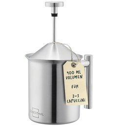 Stainless steel manual milk frother, 400ml capacity, without plastic components.