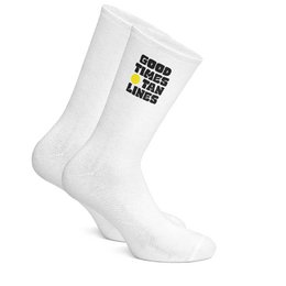  White cycling socks with "Good Times Tan Lines" text, athletic sports socks for biking