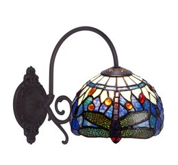 A decorative wall lamp with a Tiffany-style glass shade in a Belle Epoque design. The shade features a mix of blue, amber, and red glass pieces arranged in a geometric pattern, creating a warm and inviting ambiance.