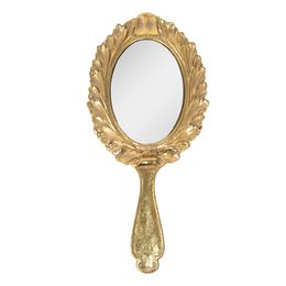 A gold-colored hand mirror with an ornate, leaf-shaped frame. The mirror measures approximately 13 x 1 x 27 cm.